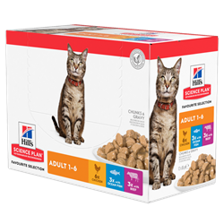 Hills Science Plan Feline Adult Chicken, Beef & Ocean Fish. Kattefoder til voksne. Vådfoder. 12 poser med 85 g